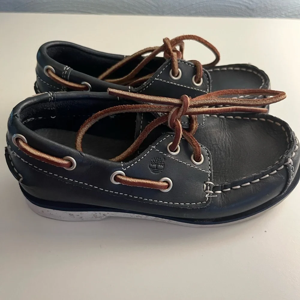 Timberland Blue Boat Shoes White Stitching & Brown Laces
